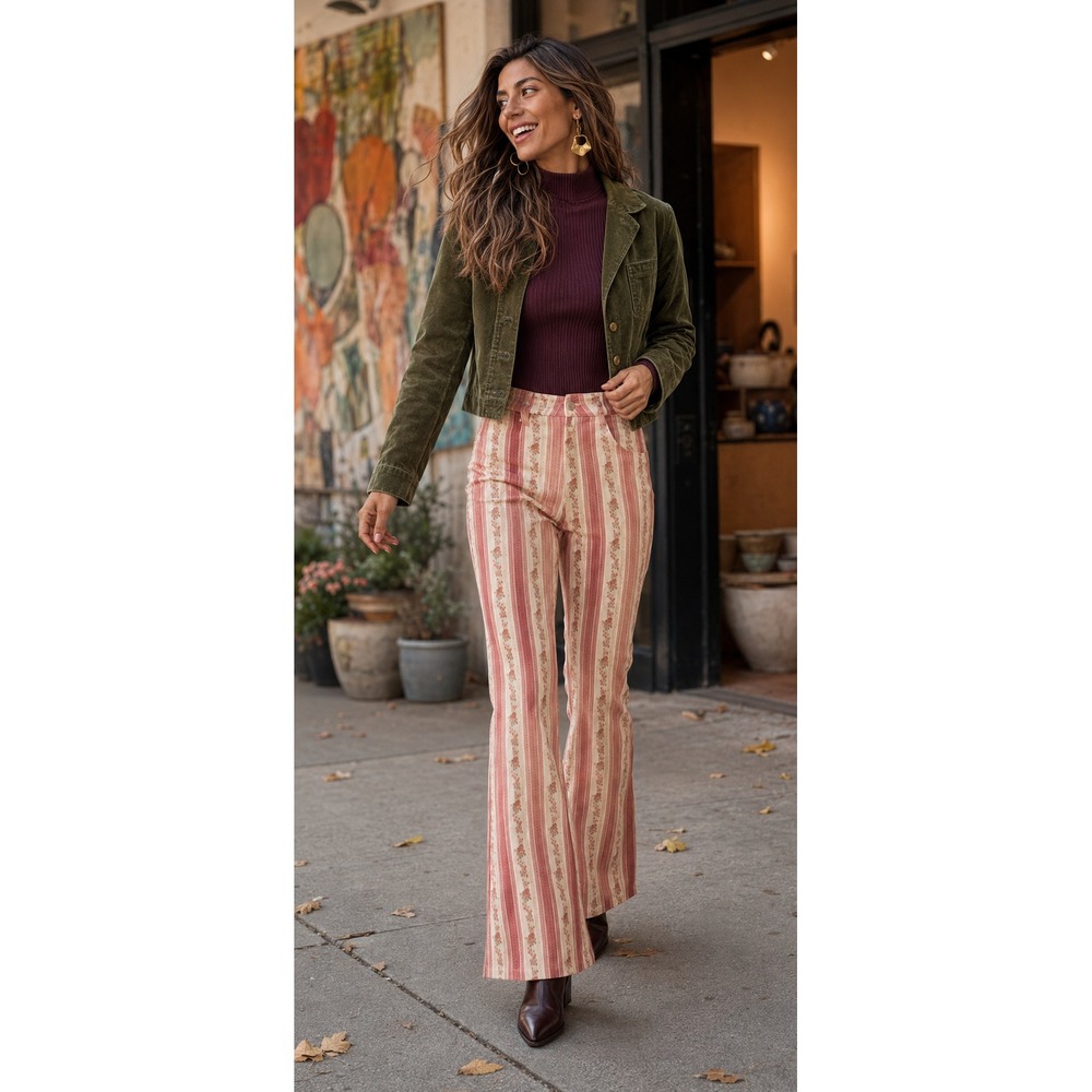Altar'd State McKenzie Floral Stripe Flare Pant Pink White XL Cottagecore Retro